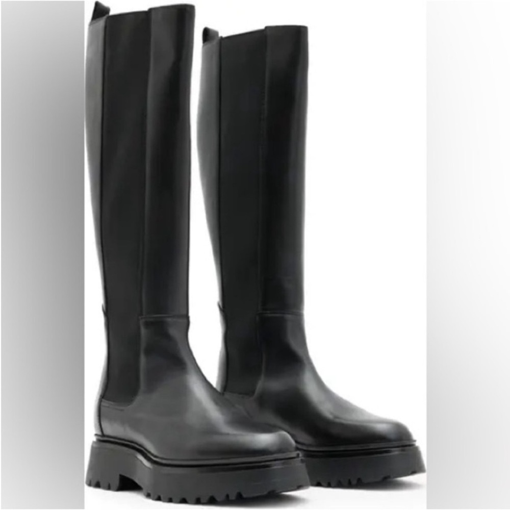 AllSaints Black Knee-High Chunky Sole Leather Boots